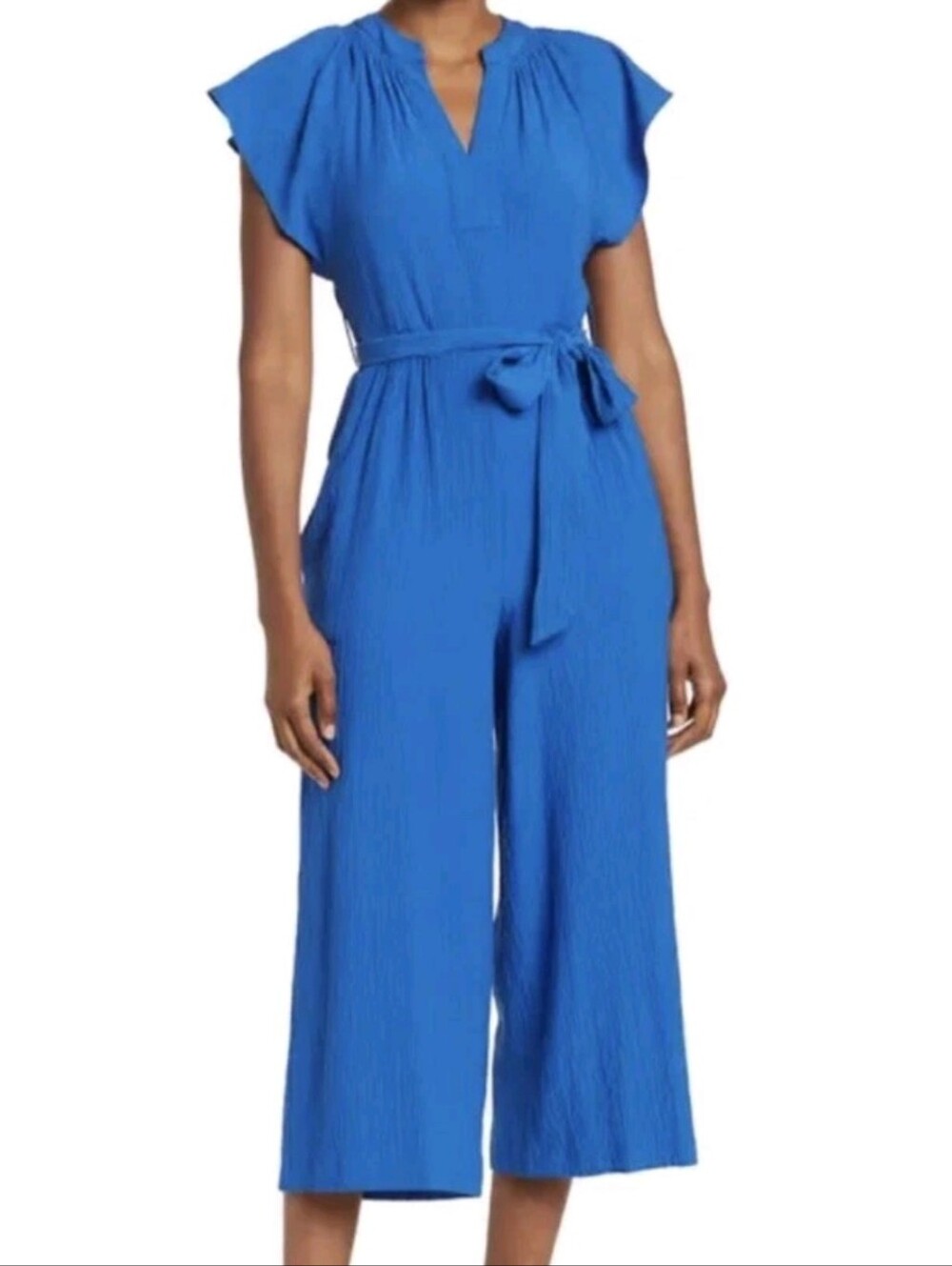 Calvin Klein Royal Blue Crepe Ruffle V-Neck Jumpsuit Wide Leg, Size 16